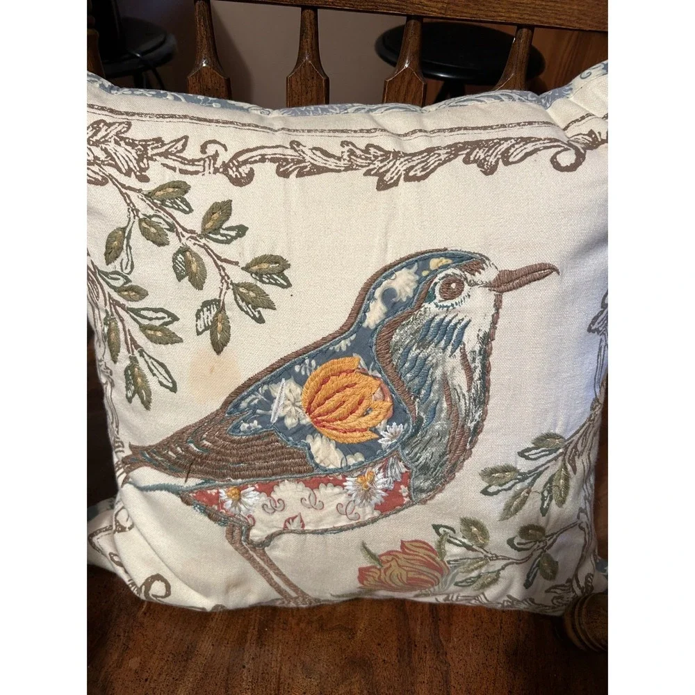 Pottery Barn Embroidered Bird Floral Throw Pillow 20x20 Blue Cream Cotton Decor